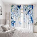 Blue Eucalyptus Curtains for Living Room 84" Length Watercolor Leaf Plant Spring Summer Blue and White Semi-Sheer Curtains for Bedroom Kitchen Windows,Botanical Nature Light Blue Gold Curtain, 2 Pack