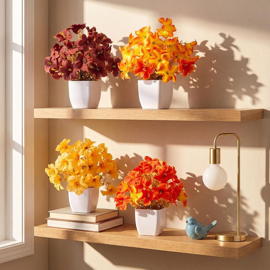 CEWOR 4 Pack Mini Fall Artificial Potted Plants, Fake Autumn Hibiscus Flowers with White Plastic Pots, Small Faux Floral Arrangement for Office Desk Bathroom Bedroom Table Decor