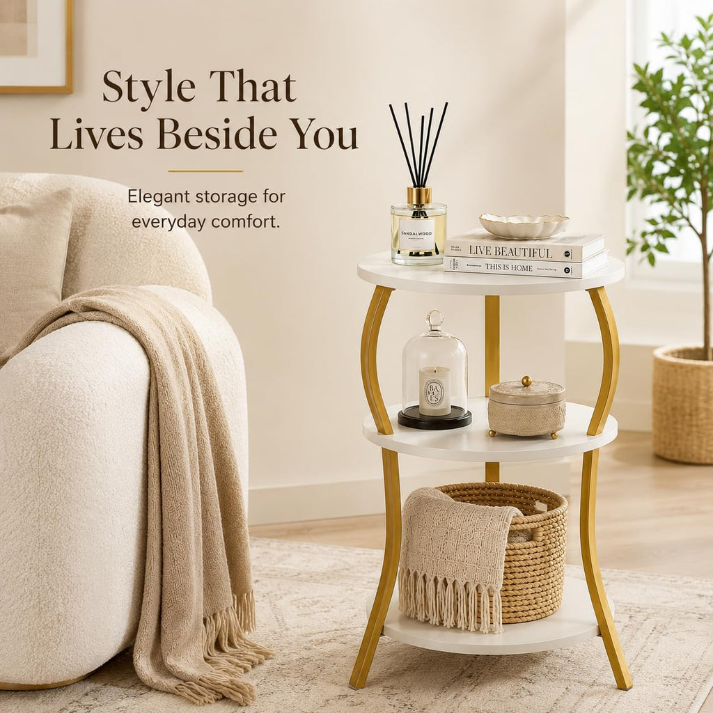 Vintage Small Round Side Table,3-Tier Slim Waist End Table for Small Spaces