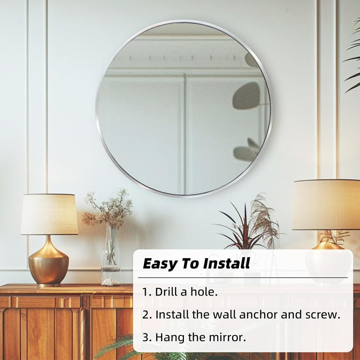 Round Mirror 30 inch Silver, Circle Mirror, Brushed Nickel, Chrome