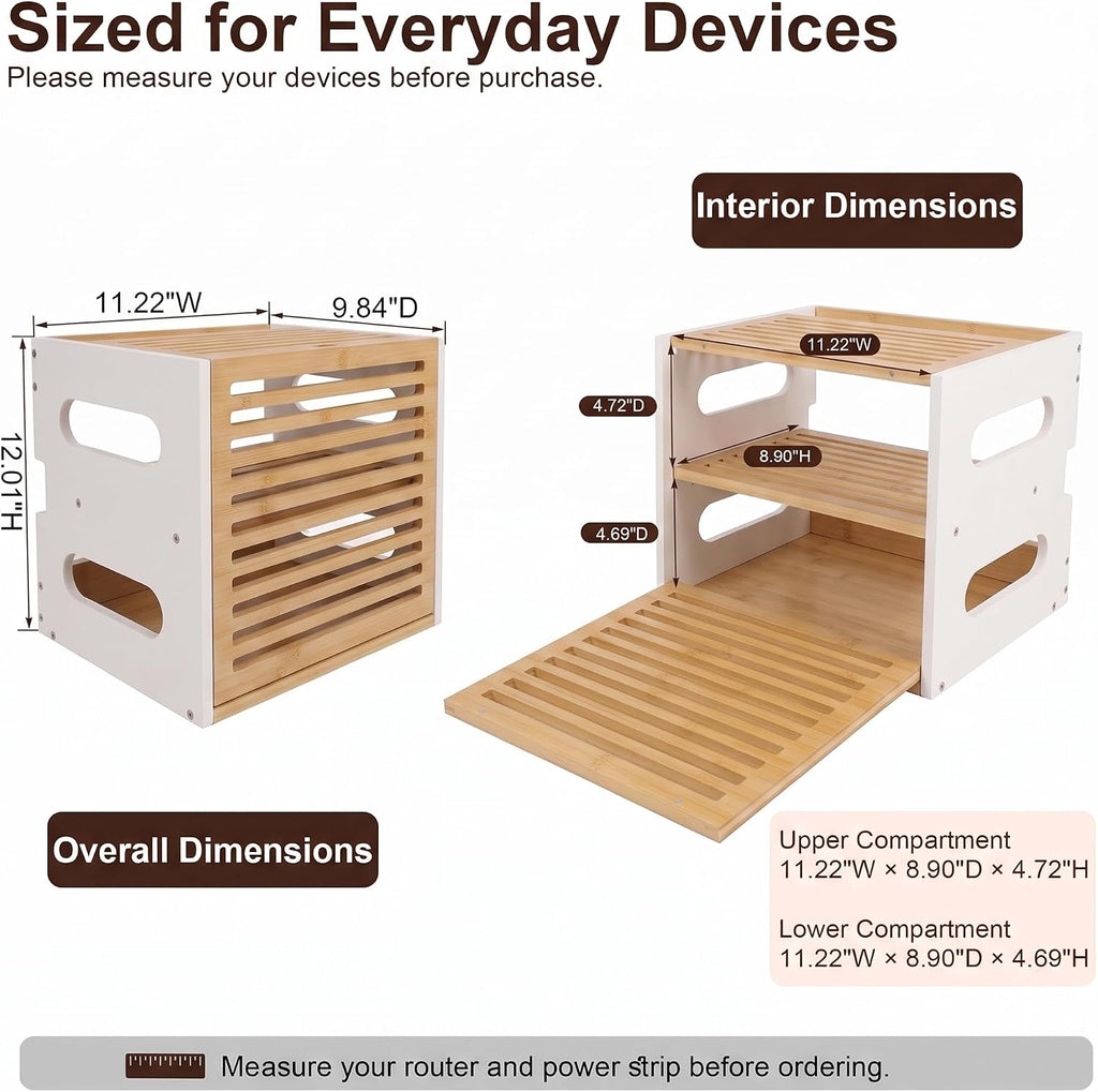 WiFi Router Box Hider with Cable Management, Bamboo, White