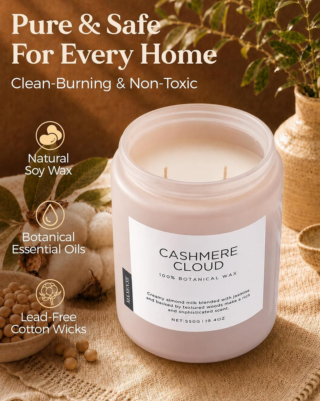 M&SENSE Cashmere Vanilla Fall Scented Candle for Home, Natural Soy 19.4 oz