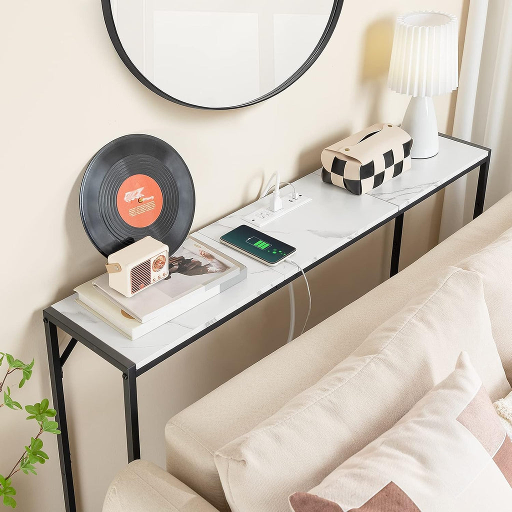 MAHANCRIS Narrow Console Table, 43.7" Sofa Table with Outlets, Marble&Black