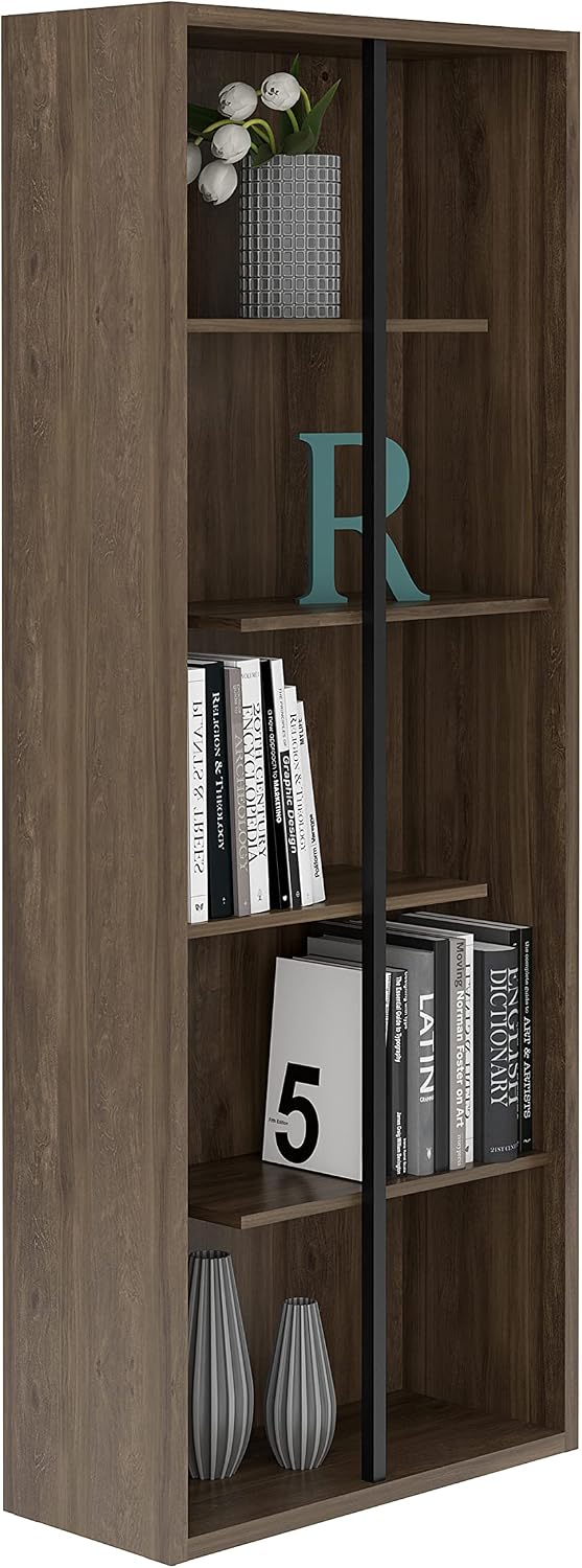 Techni Mobili 5 Shelf Bookcase - Walnut Vertical Standing Wood Bookshelf for Living Room, Bedroom & Home Office - Staggered Bookcase with Asymmetrical Shelves & Heavy Duty Steel Bar Cassa Collection