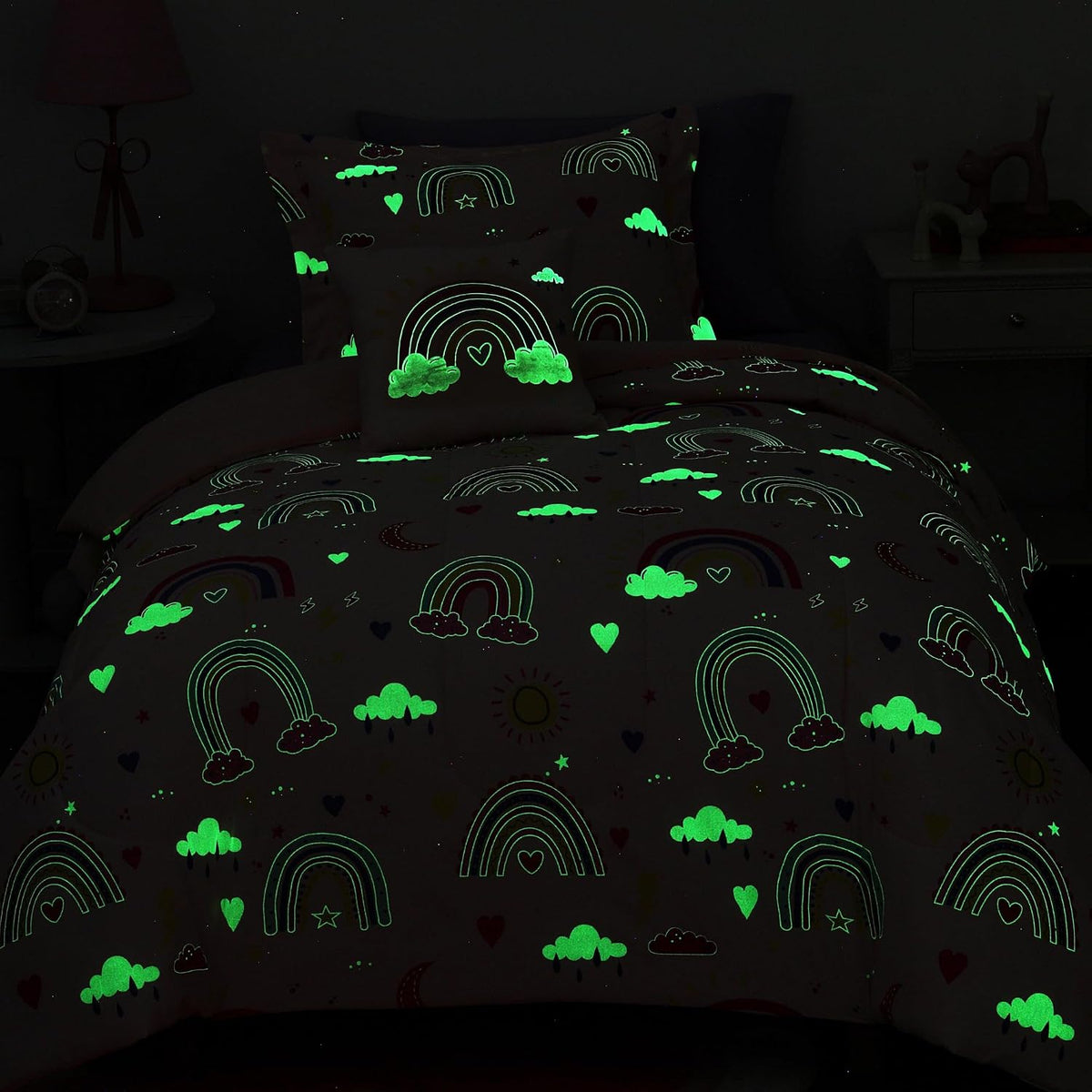 Twin Comforter Set for Girls-3 Pieces Rainbow Glow in the Dark Twin Bedding