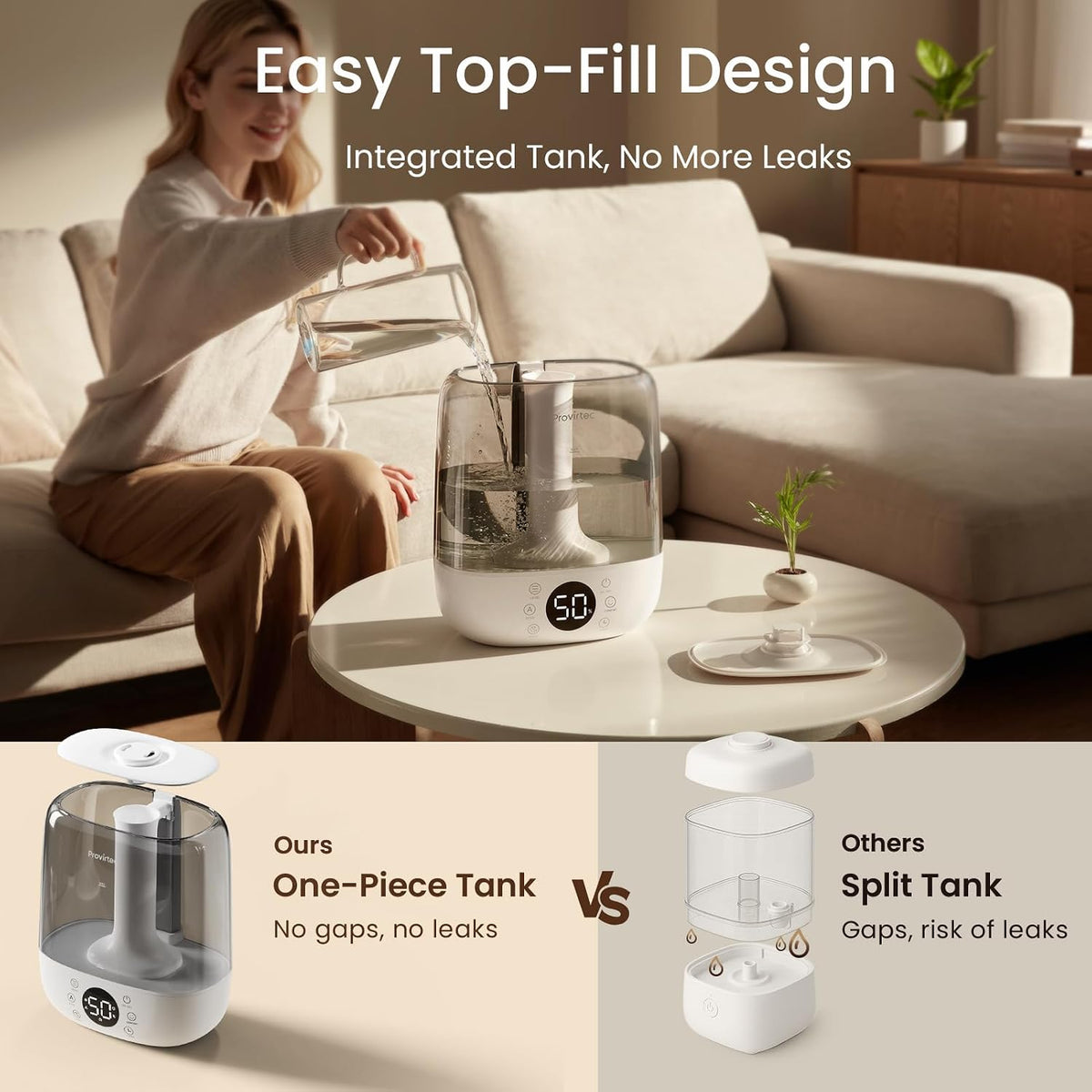 Provirtec Cool Mist Humidifier for Bedroom Easy to Clean, 6L Ultrasonic