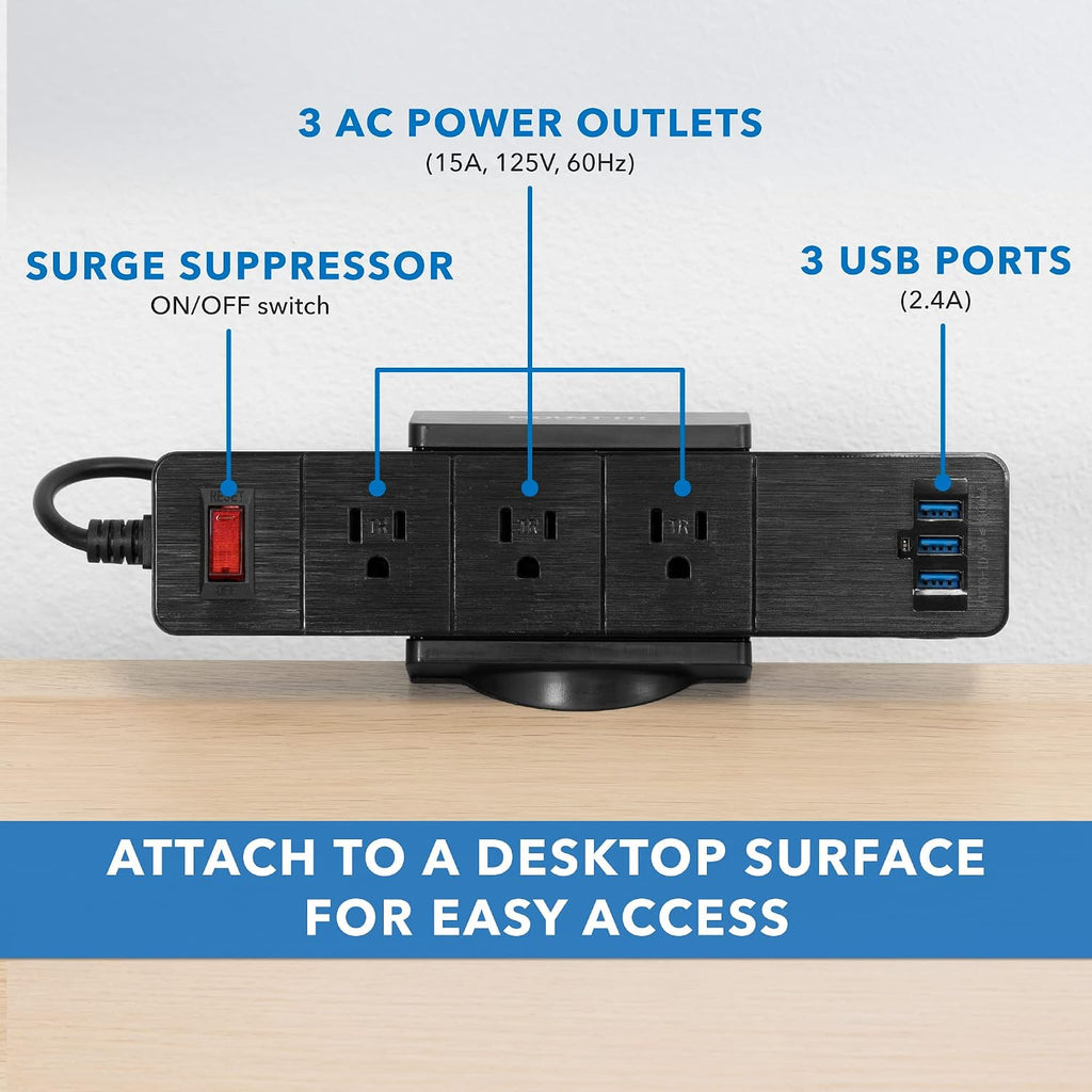 Mount-It! Desk Clamp Power Strip, 3 Outlets & 3 USB Ports