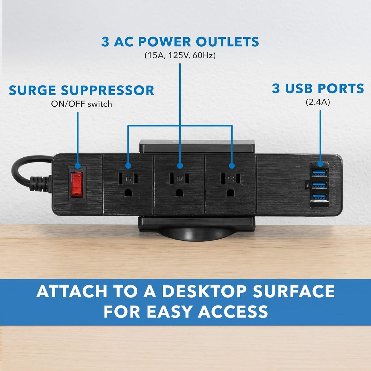Mount-It! Desk Clamp Power Strip, 3 Outlets & 3 USB Ports