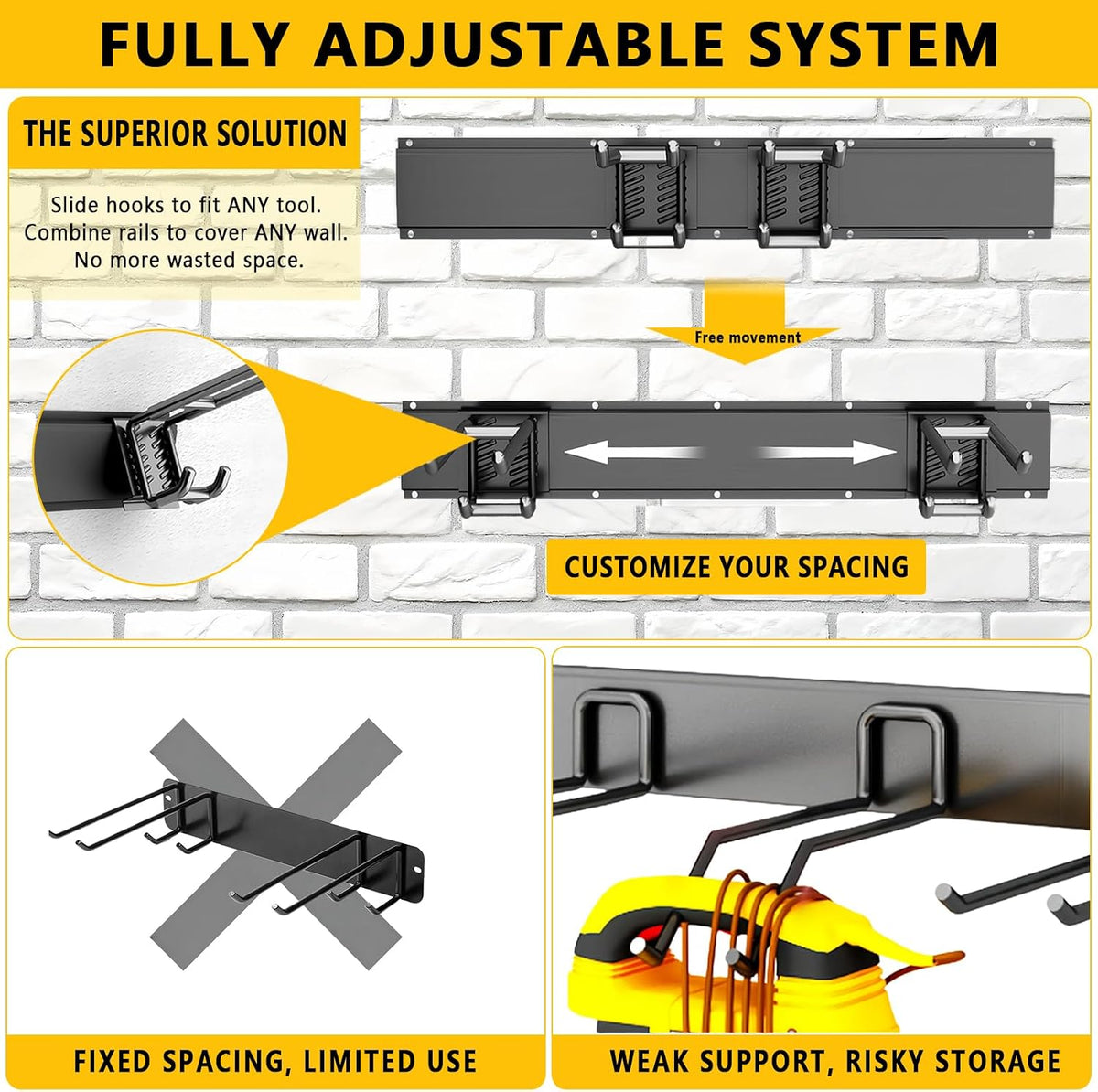 Garage Tool Organizer Wall Mount, 48inch Heavy-Duty Garage Storage System and Garden Tool Organizer with 6 Adjustable Double Hooks for Shovel, Snowboard, Yard Tools and Shed