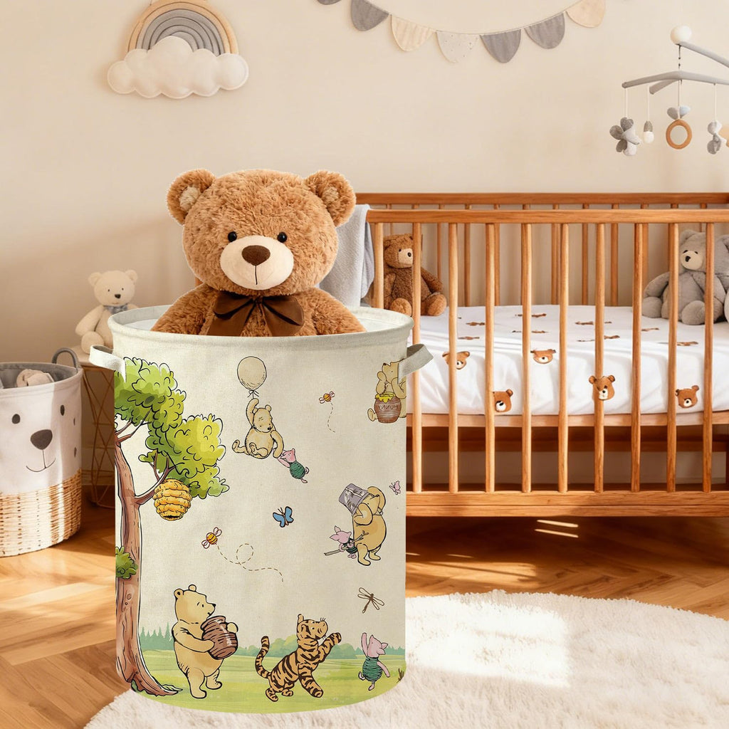Oval Neutral Classic Winnie Bear Baby Laundry Basket Hamper for Nursery