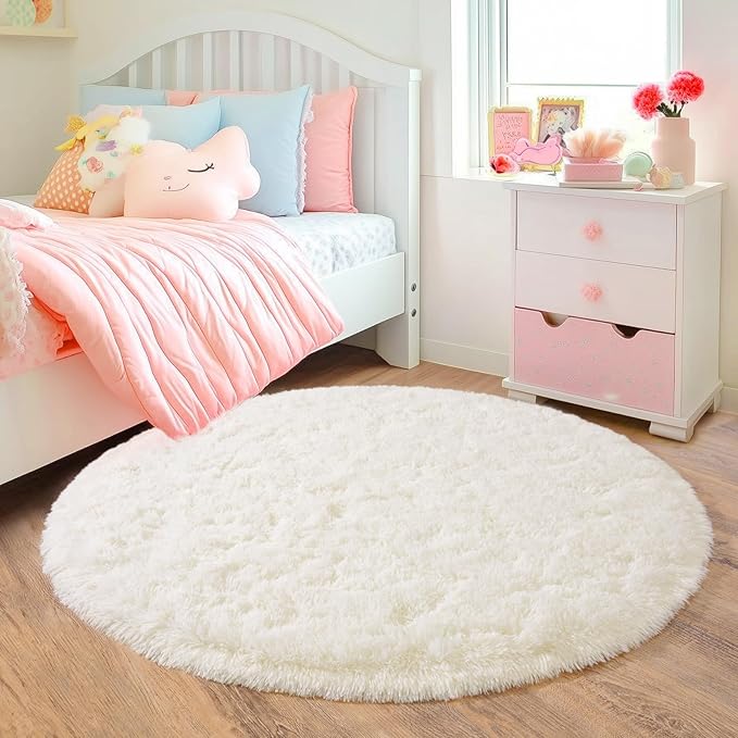 4'x4' Cream Round Rugs for Girls Bedroom, Ultra Soft Fluffy Circle Rug for Kids - Image 3
