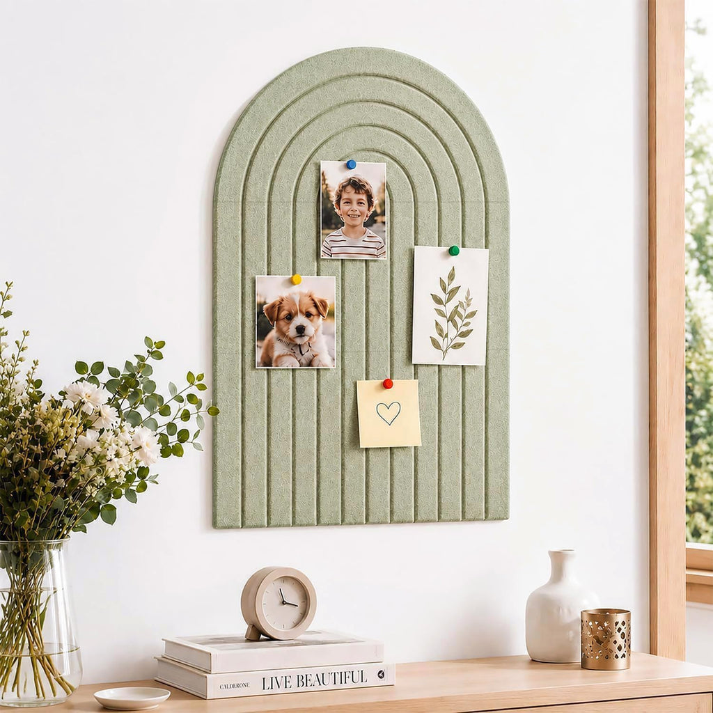 Large Arched Felt Bulletin Board, Sized 36" x 24" for Office & Wall Decor – 6 Customizable Adhesive Tiles with Pins are Perfect to Display Your Photos (Sage Green)