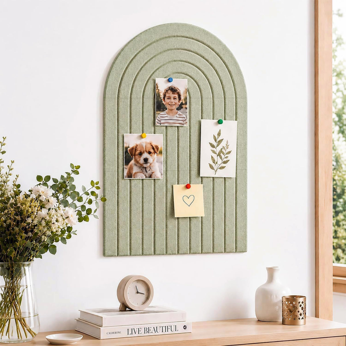 Large Arched Felt Bulletin Board, Sized 36" x 24" for Office & Wall Decor – 6 Customizable Adhesive Tiles with Pins are Perfect to Display Your Photos (Sage Green)
