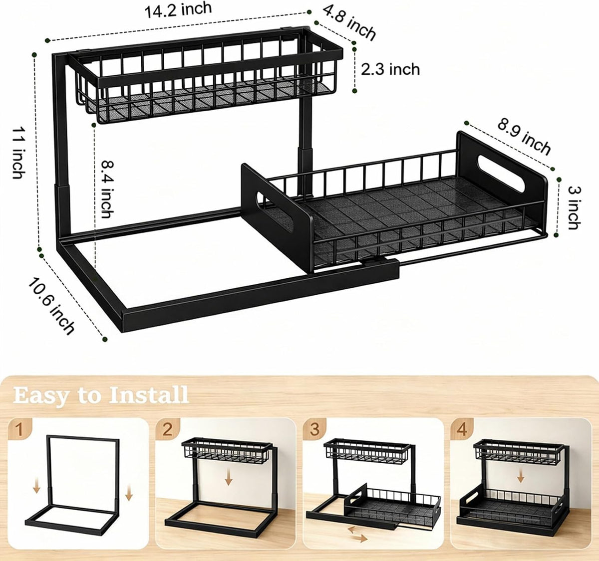 2 Pack Upgraded Under Sink Organizer, 2 Tier Pull out Kitchen Cabinet Organizer Metal Slide out Bathroom Organizers and Storage Makeup Drawer Organizer for Office Bedroom Restroom Living Room, L-Black