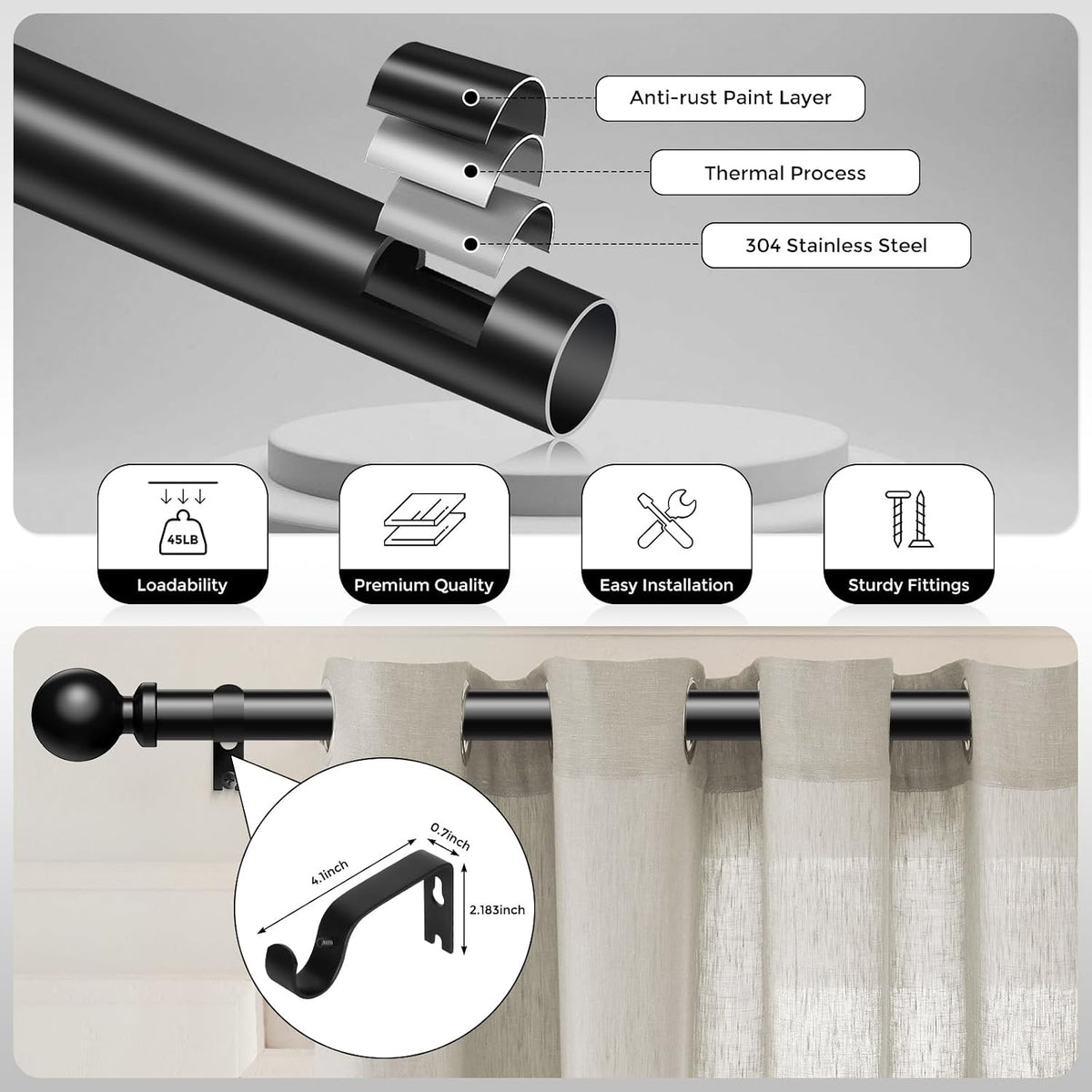 Curtain Rods 36-88 Inch, Black 1 Inch Adjustable Heavy Duty Curtain Rods for Windows, Decorative Modern Window Treatment Rod, Telescopic Splicing Metal Drapery Pole, Easy Installation