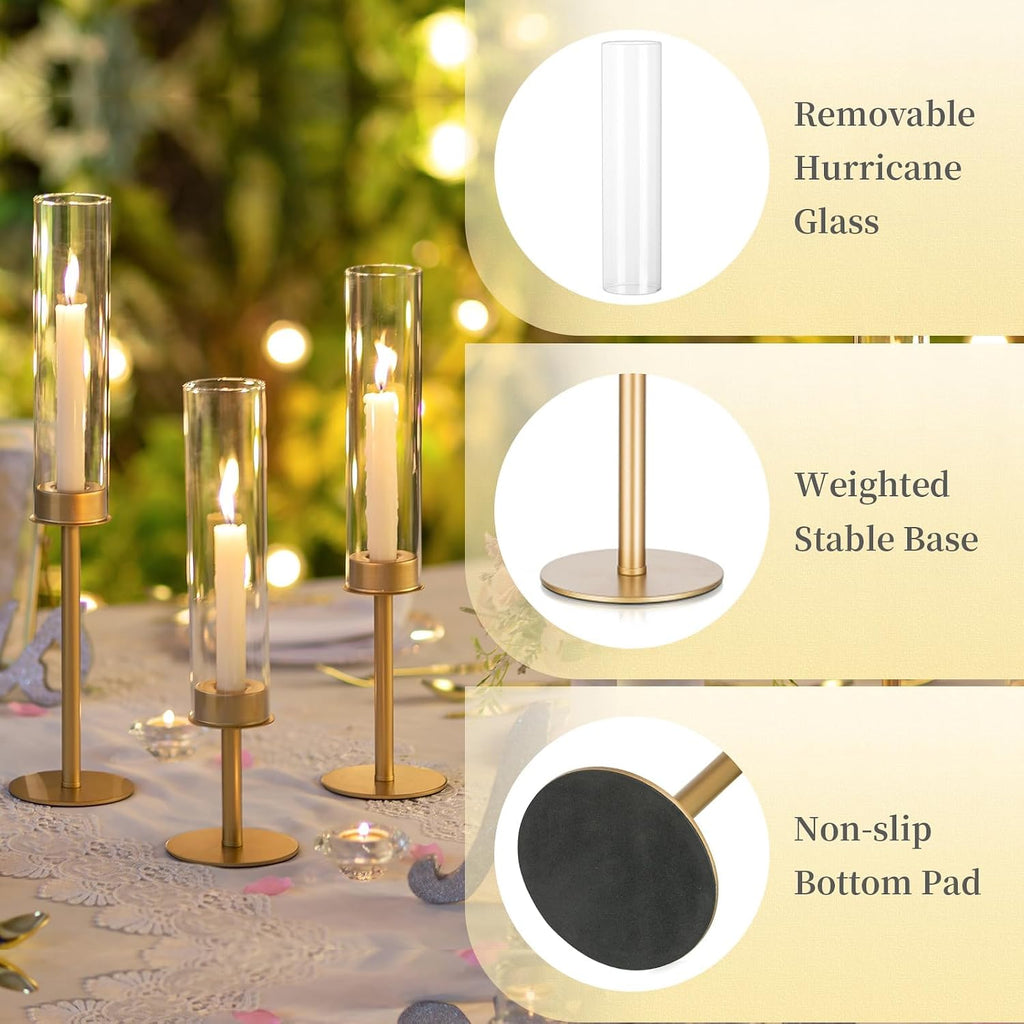 Hewory Gold Candlestick Holders: 3PCS Glass Hurricane with Brass Base