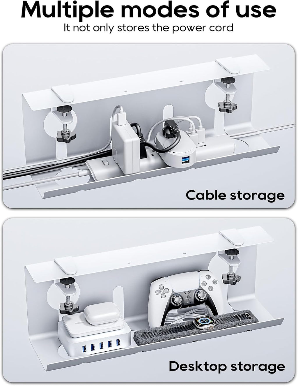 NODOCA No Drill Under Desk Cable Management Tray, 17'' Wire Management, Punch-Free Clamp on, Metal Cable Tray, Wire Organizer Under Desk, Under Dessk Basket for Office and Home, White