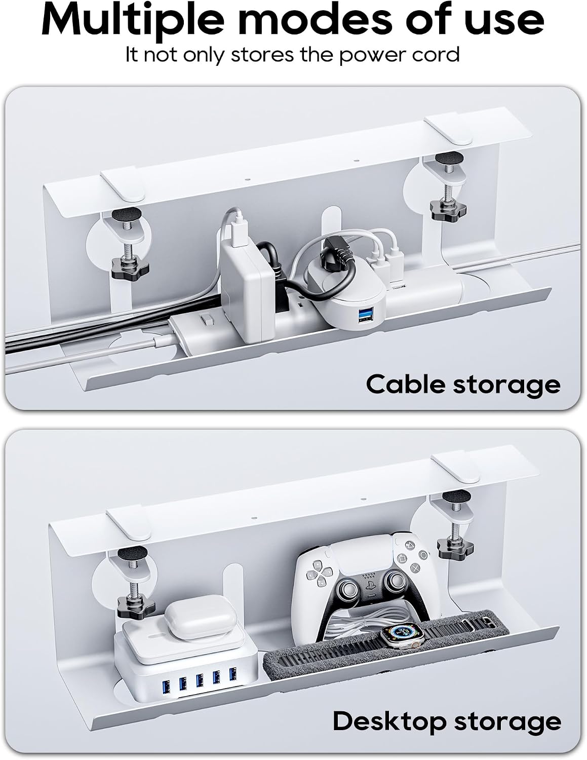NODOCA No Drill Under Desk Cable Management Tray, 17'' Wire Management, Punch-Free Clamp on, Metal Cable Tray, Wire Organizer Under Desk, Under Dessk Basket for Office and Home, White