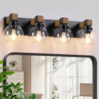 Farmhouse Bathroom Light Fixtures, 3-Light Rustic Wood Bathroom Lights Over Mirror with Glass Globe Shades, Matte Black Wall Mounted Lamp Vanity Lights for Bathroom Bedroom Living Room Cabinet