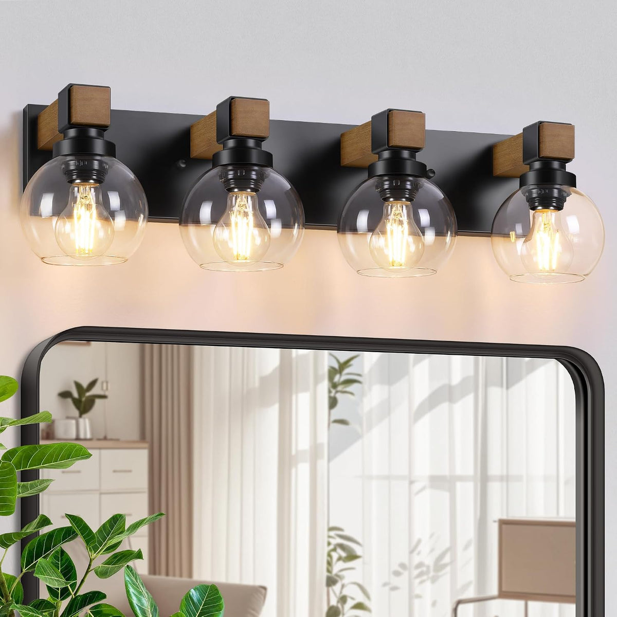 Farmhouse Bathroom Light Fixtures, 3-Light Rustic Wood Bathroom Lights Over Mirror with Glass Globe Shades, Matte Black Wall Mounted Lamp Vanity Lights for Bathroom Bedroom Living Room Cabinet