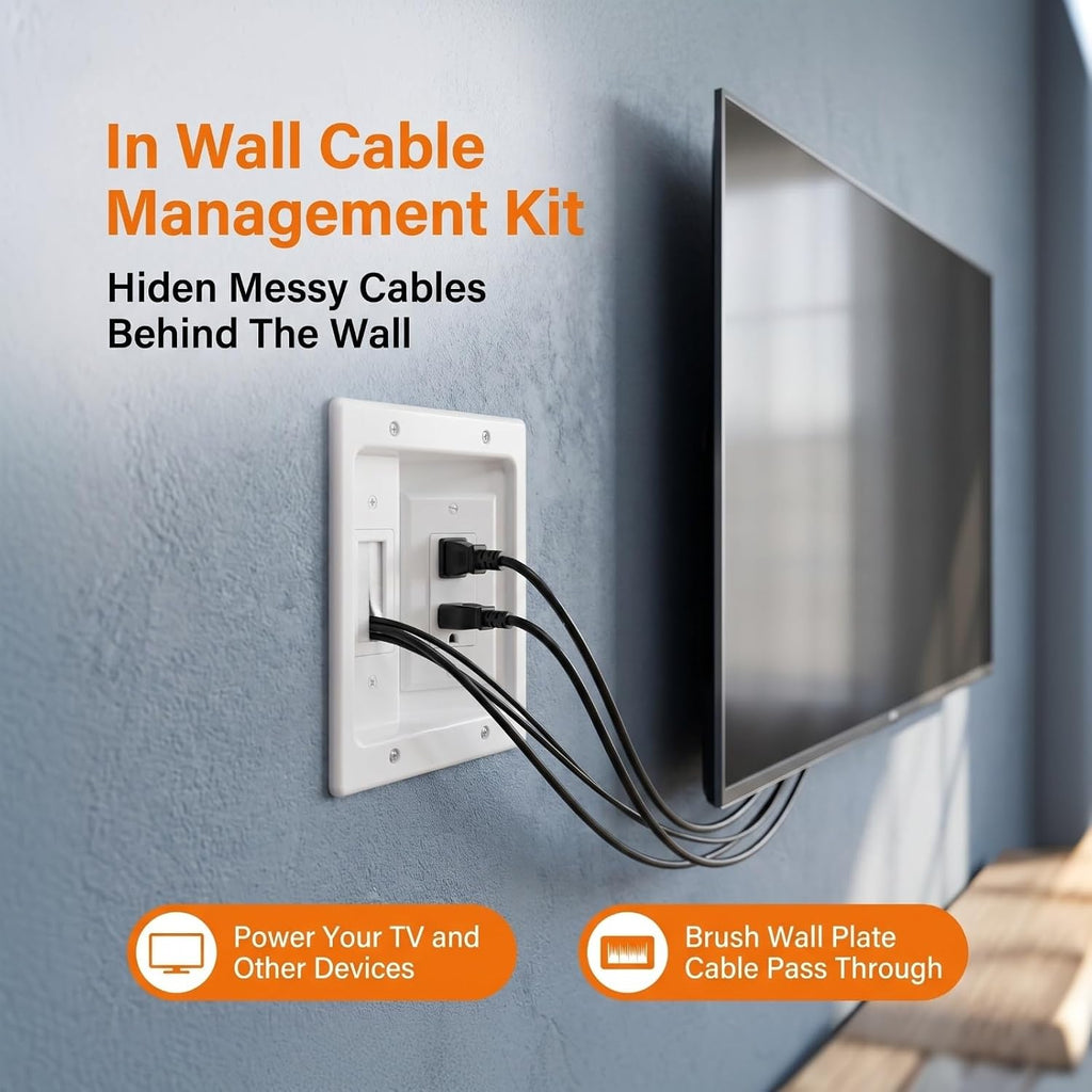 in-Wall TV Cable Management Kit with Recessed Outlet Box & Brush Wall Plate