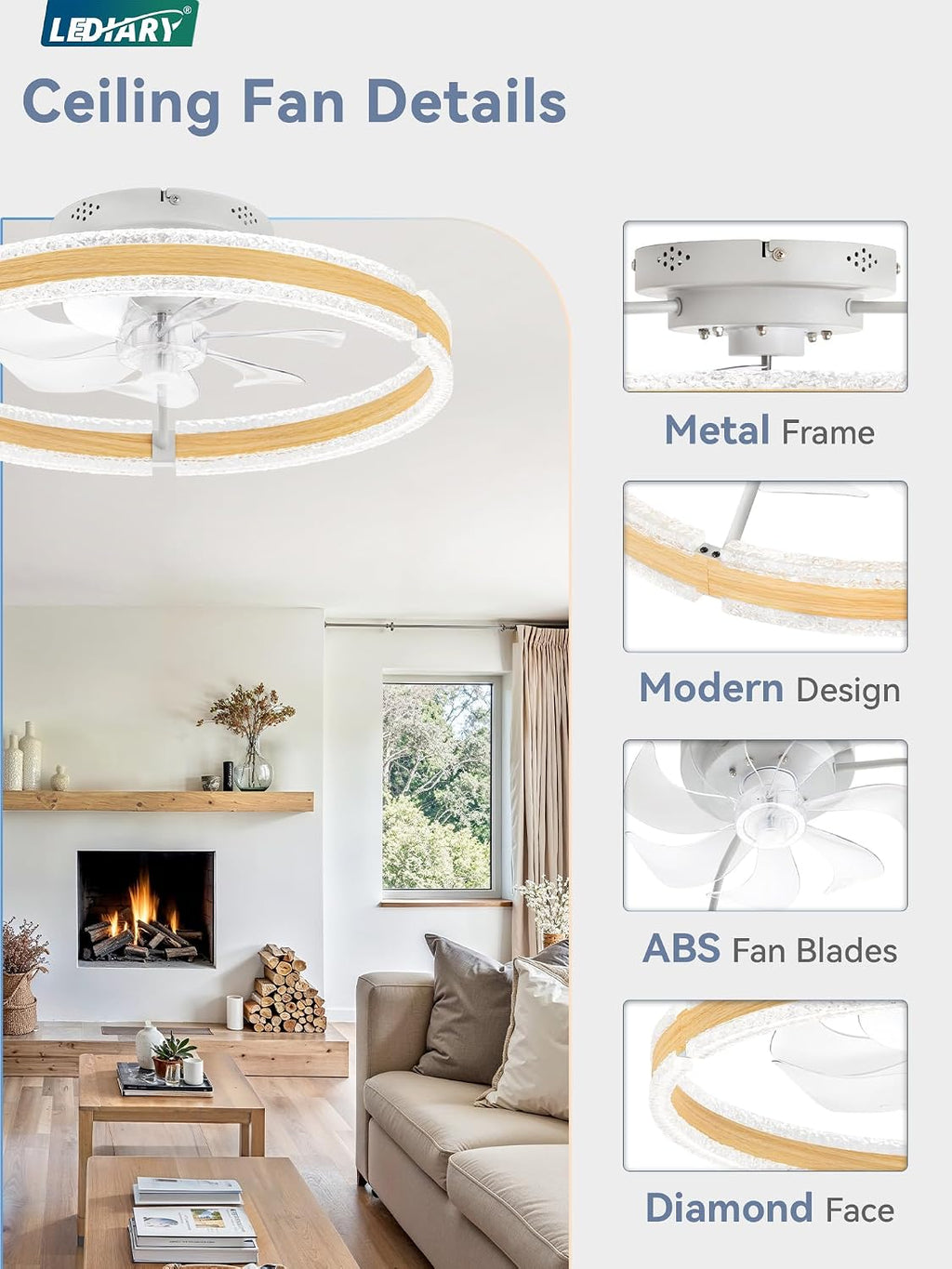 LEDIARY Ceiling Fans with Lights and Remote, 20'' Low Profile Ceiling Fan with Light, 3000-6000K Dimmable Fandelier Ceiling Fans, Modern Flush Mount Fan Light for Bedroom with 6 Wind Speeds-Wood Grain