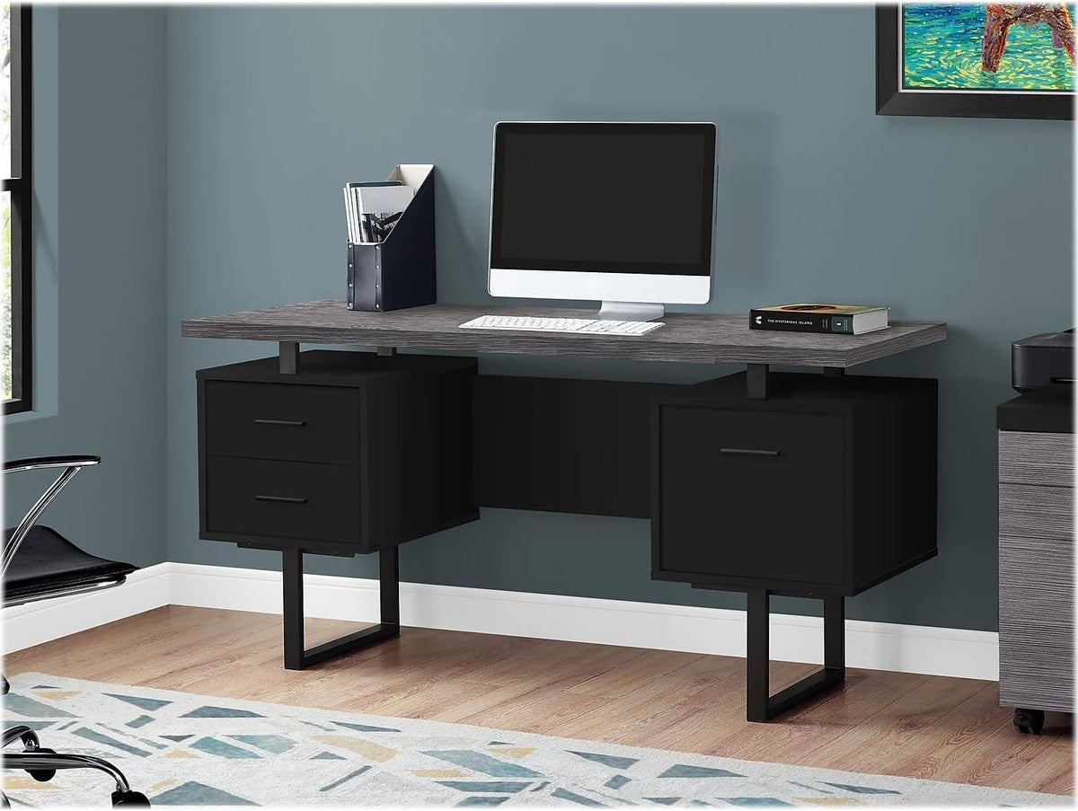 Monarch Specialties Computer Desk with Drawers - Contemporary Style - Home & Office Computer Desk with Metal Legs - 60"L (Black - Grey Top)