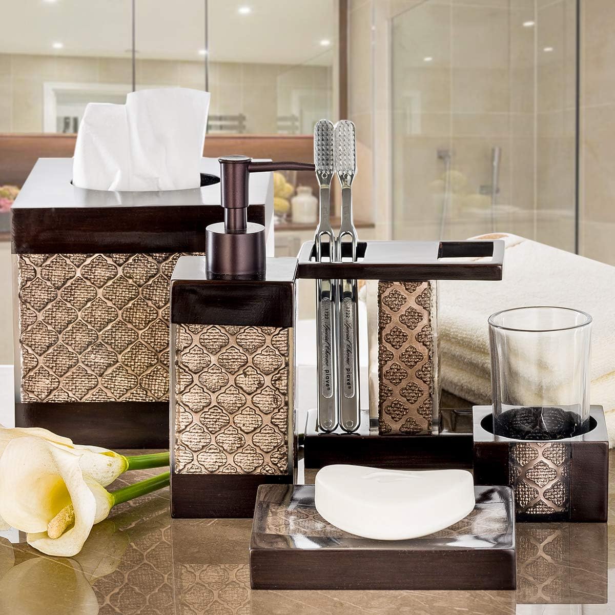 Creative Scents Dahlia Brown 4 Piece Bathroom Accessories Set