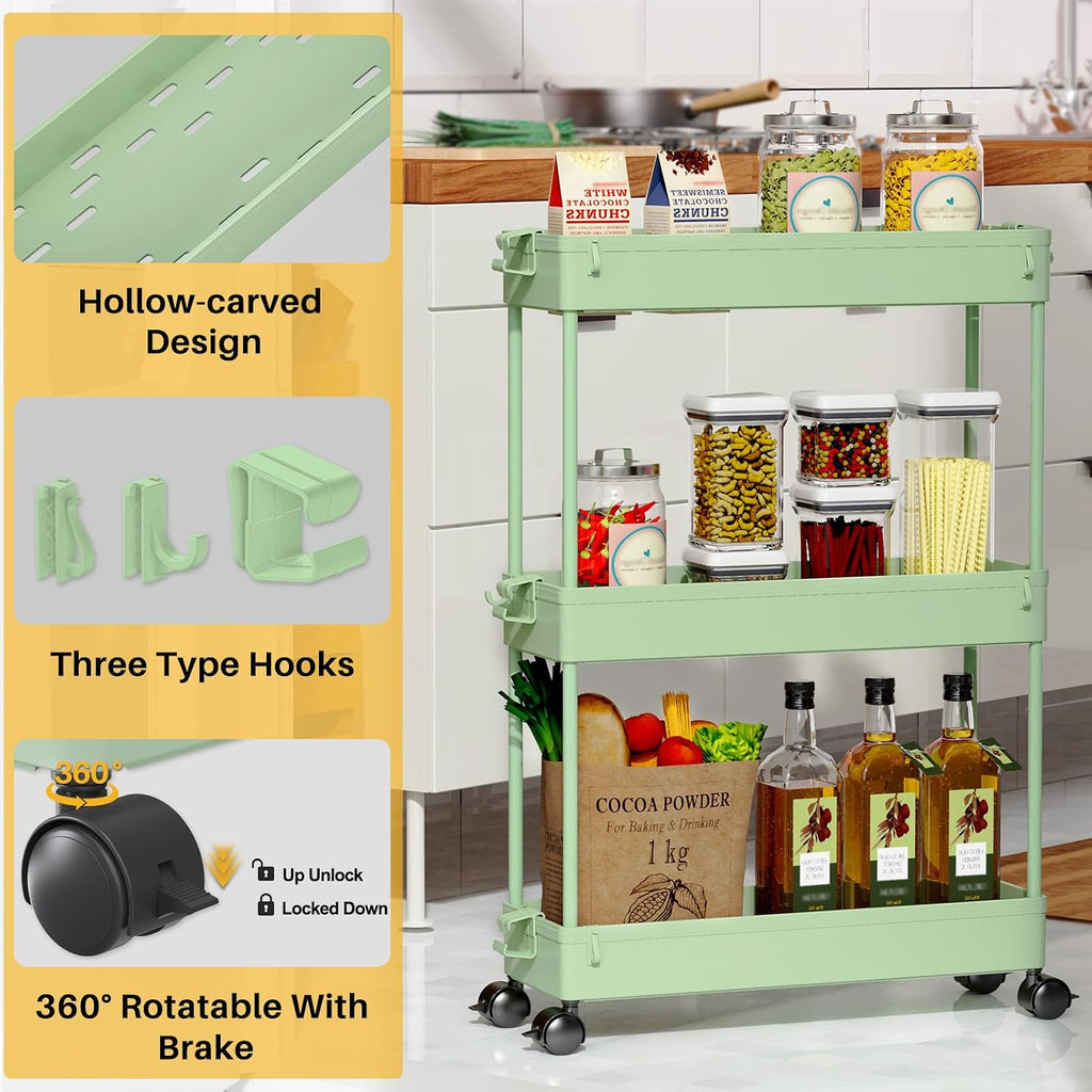 SPACEKEEPER Slim Rolling Storage Cart, 3 Tier Bathroom Cart Organizer,Green