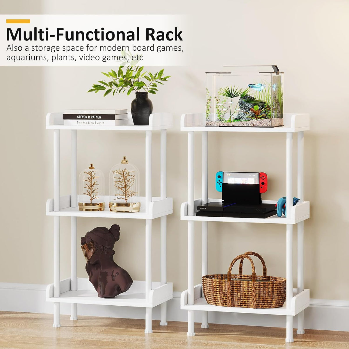 Hosfais 3 Tier Wood Bookcase Industrial Bookshelf with Edge Protection Metal Standing Book Shelves Display Book Rack for Living Room Bedroom Home Office (White)