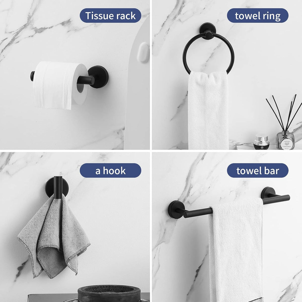 Towel Bar Set Mattel Black, Bathroom Accessories Set 5pcs Including 16'' Tower Bar, Towel Ring and 2 PCS Towel Hooks