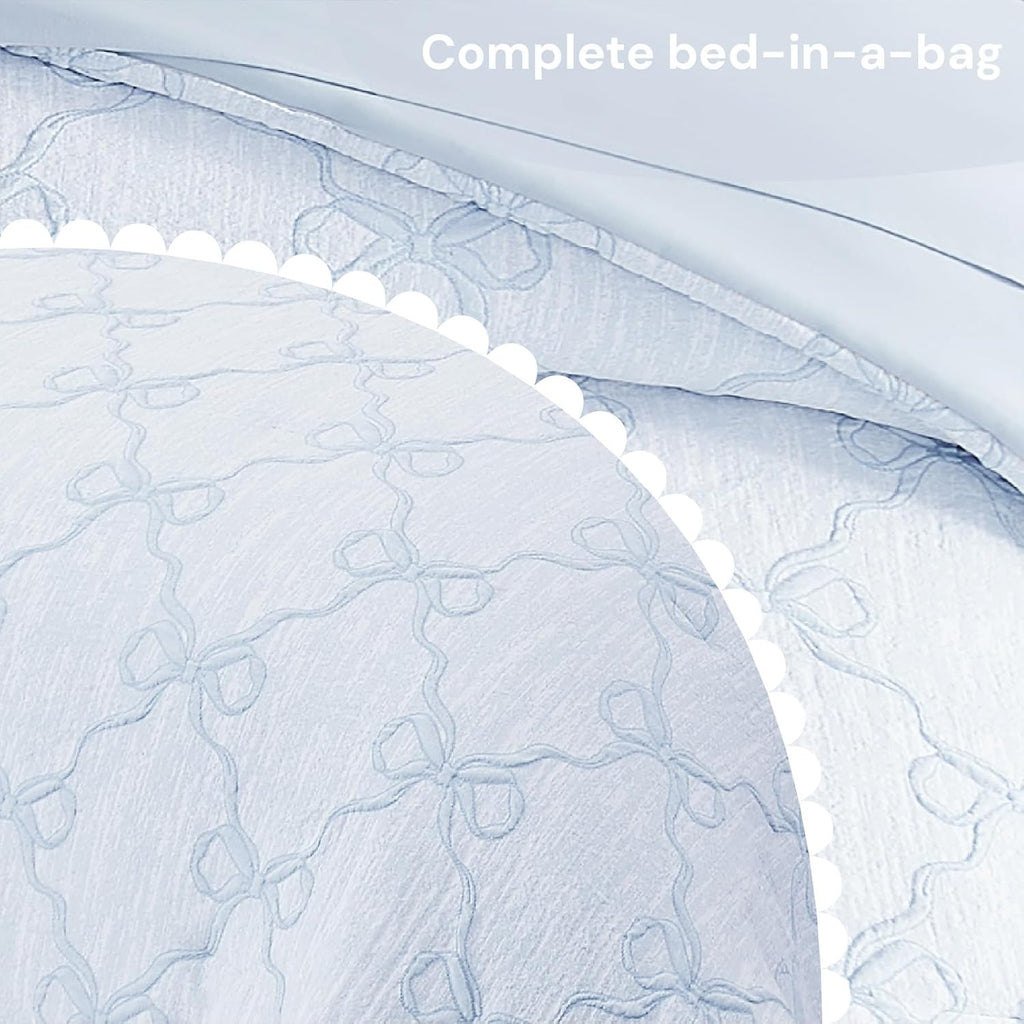 Full Size Comforter Sets for Girls - 7 Pieces Blue Bow Bed in a Bag