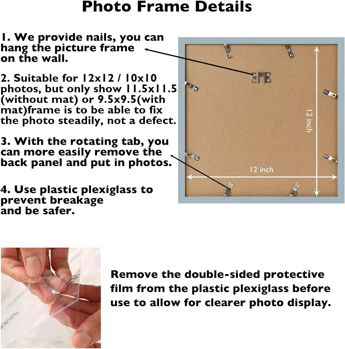 JCJMY 12x12 Picture Frame Rustic White with 10x10 Mat for 30 x 30cm Diamond Art Painting, Display Photo 12 x 12 Without Mat, Wall Hanging Large Frame with Plexiglass