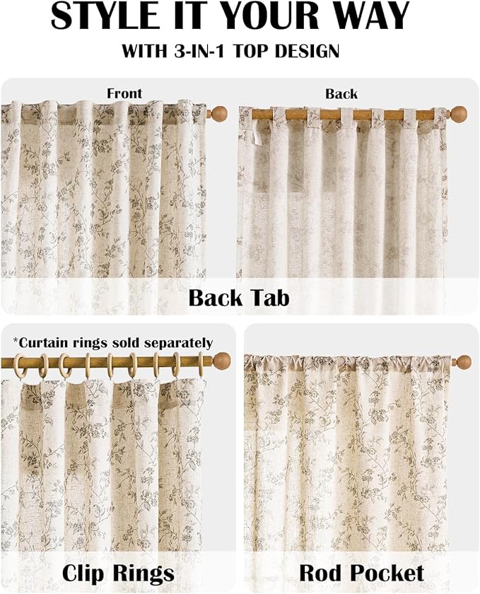 Lazzzy Grey Floral Linen Curtains 96 Inch Farmhouse Back Tab Drapes - Image 4