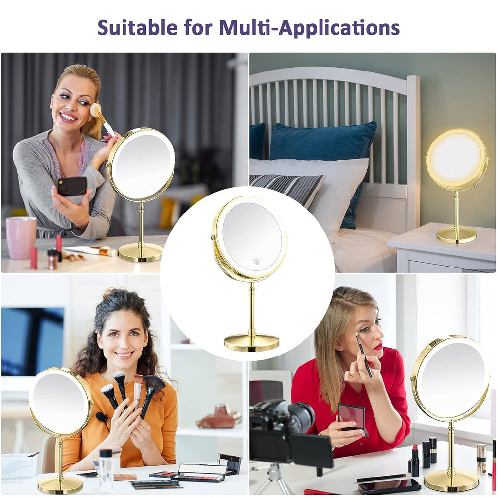 Gold Makup Mirror with Lights, 10X Magnifying Lighted Vanity Mirror, 8 Inches 360 Swivel Two-Sided Tabletop Mirror Gold Finish