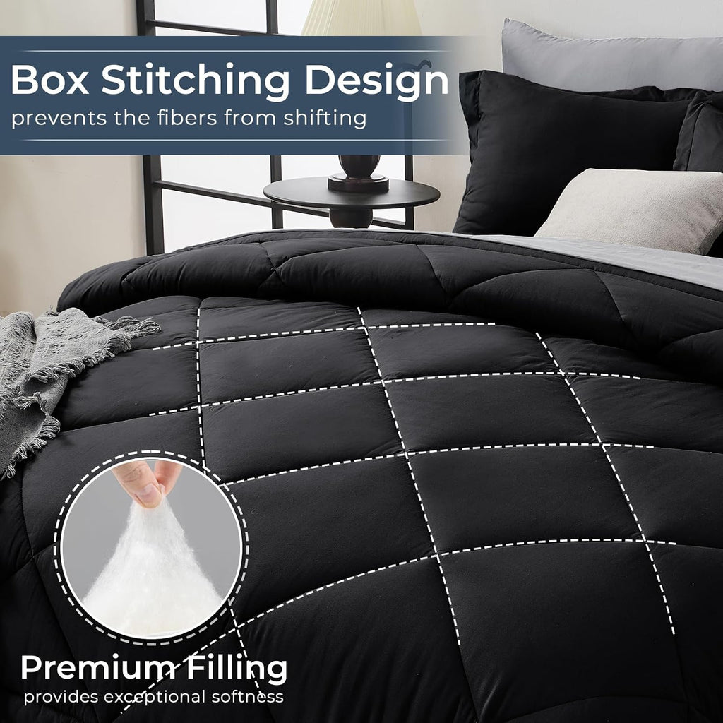 HEVUMYI 7-Piece Full Comforter Set, Black & Light Grey Bed in a Bag