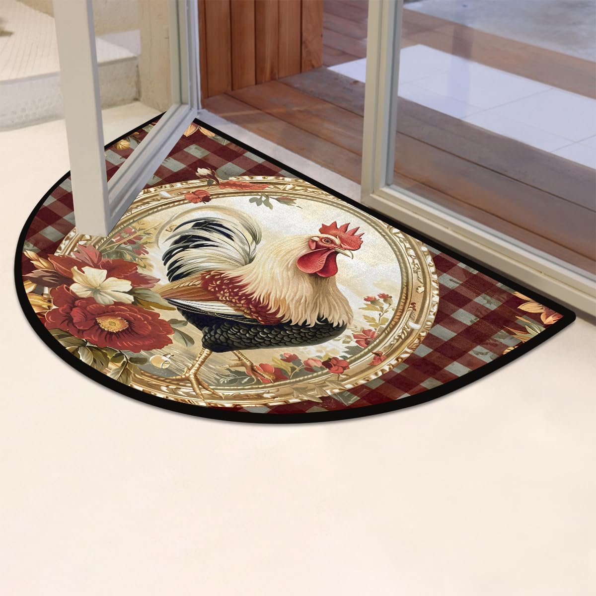 Half Round Door Mat Vintage Plaid Rooster Chicken Non-Slip Semi Circle Area Rug Washable Half Moon Hearth Rugs for Indoor Outdoor Bathroom Kitchen Patio Runner Mat Laundry Room Home Decoration