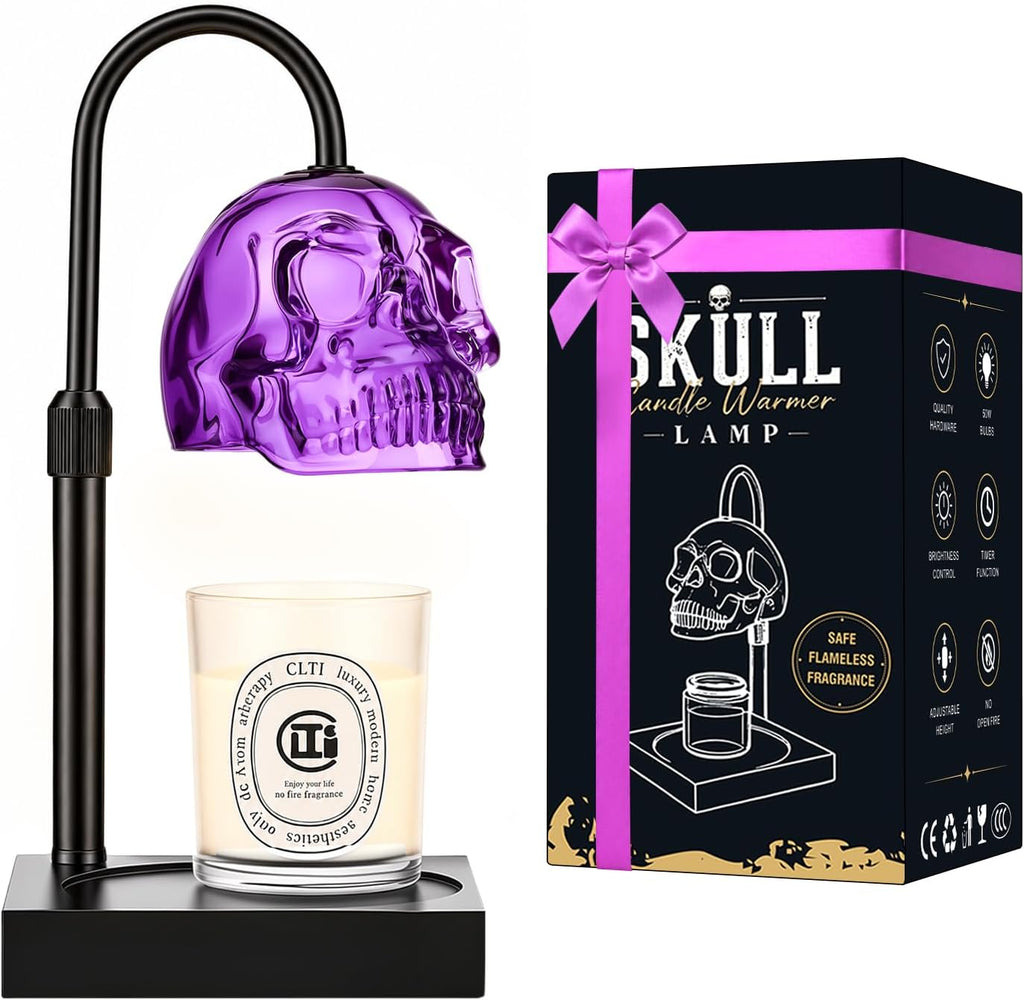 Skull Candle Warmer Lamp with Timer & Dimmer, Gothic Skull Wax Warmer Lamp for Jar Candles, Adjustable Height Skeleton Candle Light Warmer with 2 Bulbs, Spooky Goth Home Decor Gifts (Purple, 1pack)