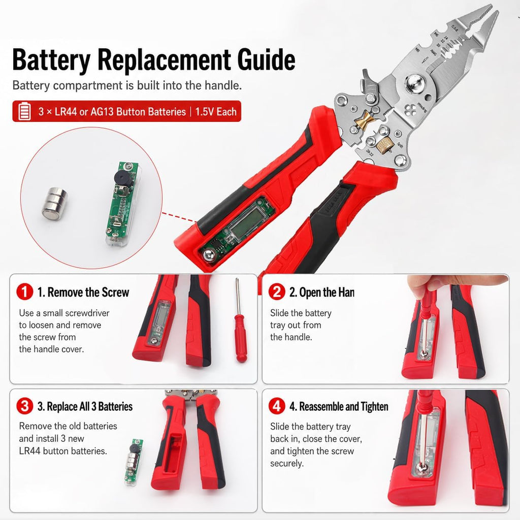 16-in-1 Wire Stripper and Crimping Tool, Foldable Wire Cutter with Rechargeable 12-250V AC/DC Voltage Tester for Hot/Neutral Checks, Home Wiring and DIY Repair (Red1)
