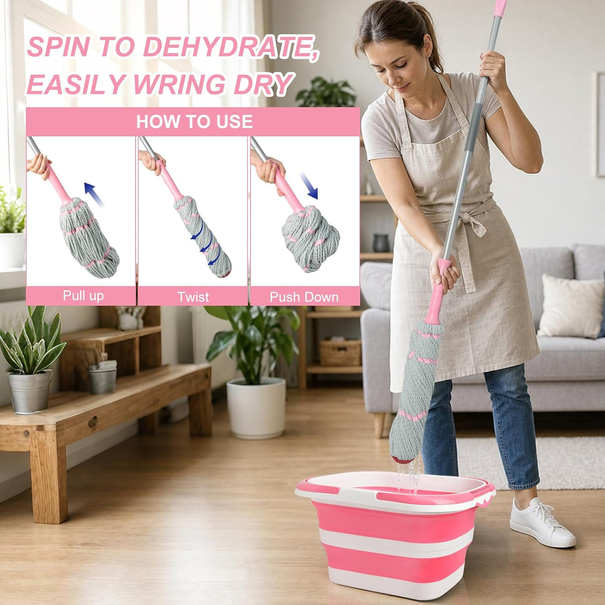 Self Wringing Twist Mops with 57 in Long Handle,Gray Pink