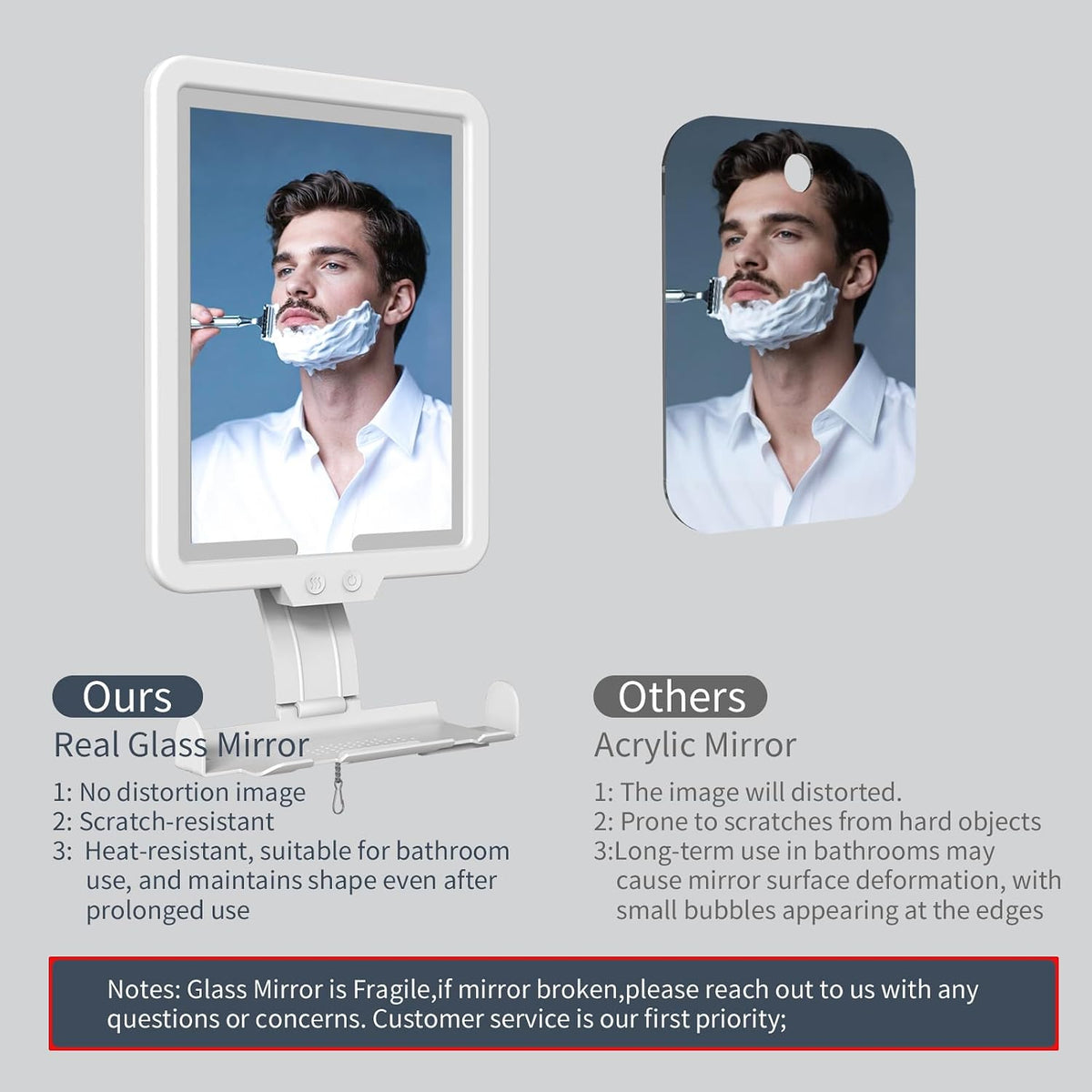 Lighted Shower Mirror Fogless for Shaving, Heated Fog Free Large 9.5*7inch