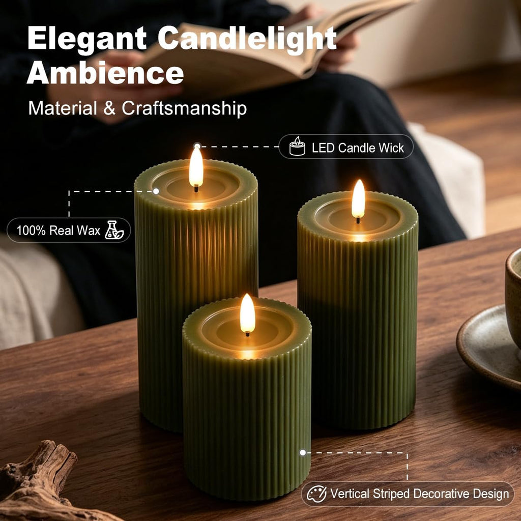 LEDHOLYT Rechargeable Ribbed Fluted Real Wax LED Flameless Candles with Remote and Timer, Flickering Fake Flame Candles for Festival Wedding Home Party Decor(Olive Green)