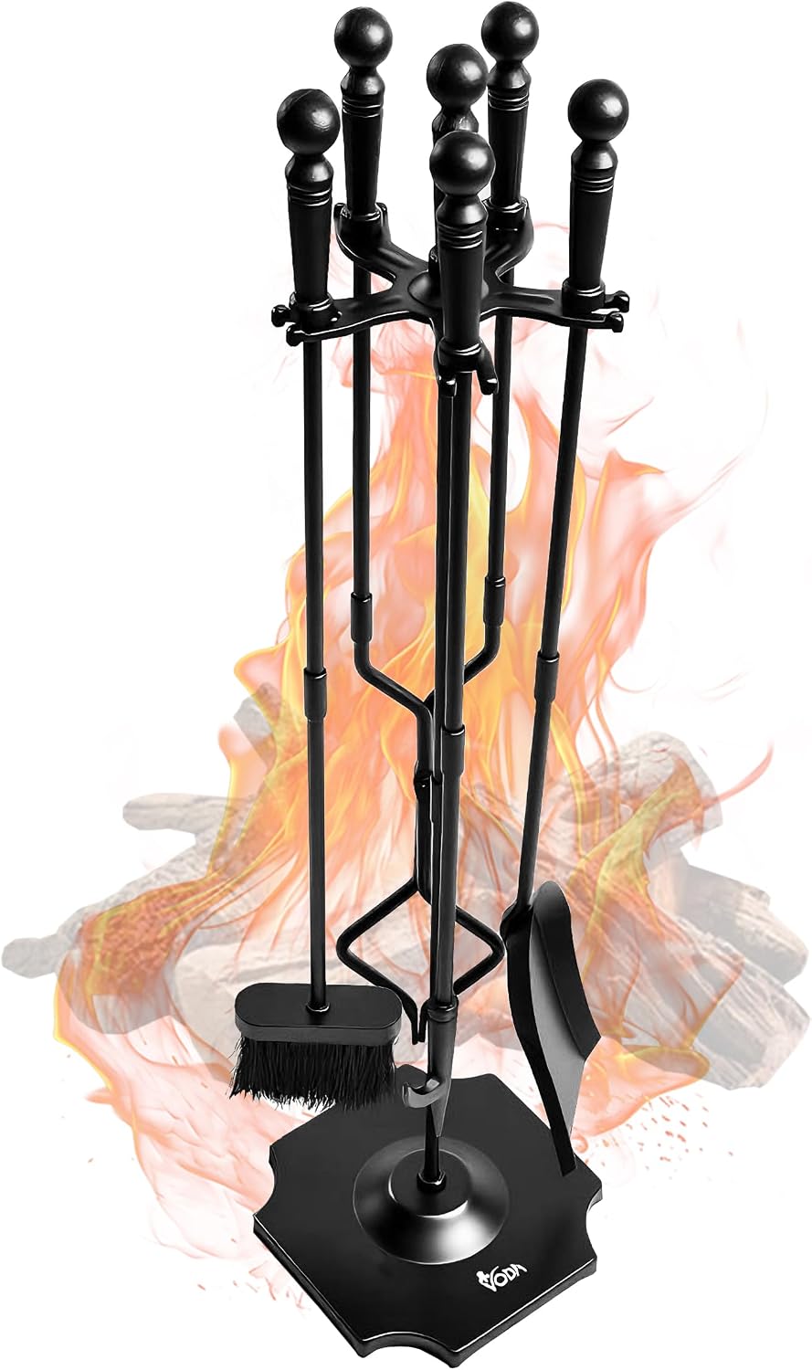 Large 5 Pcs Fireplace Tools Set Black Fire Place Tools Indoor Outdoor Fire Place Poker Set with Stand, Including Fireplace Poker,Fireplace Tongs,Fireplace Shovel,Fireplace Brush and Sturdy Base