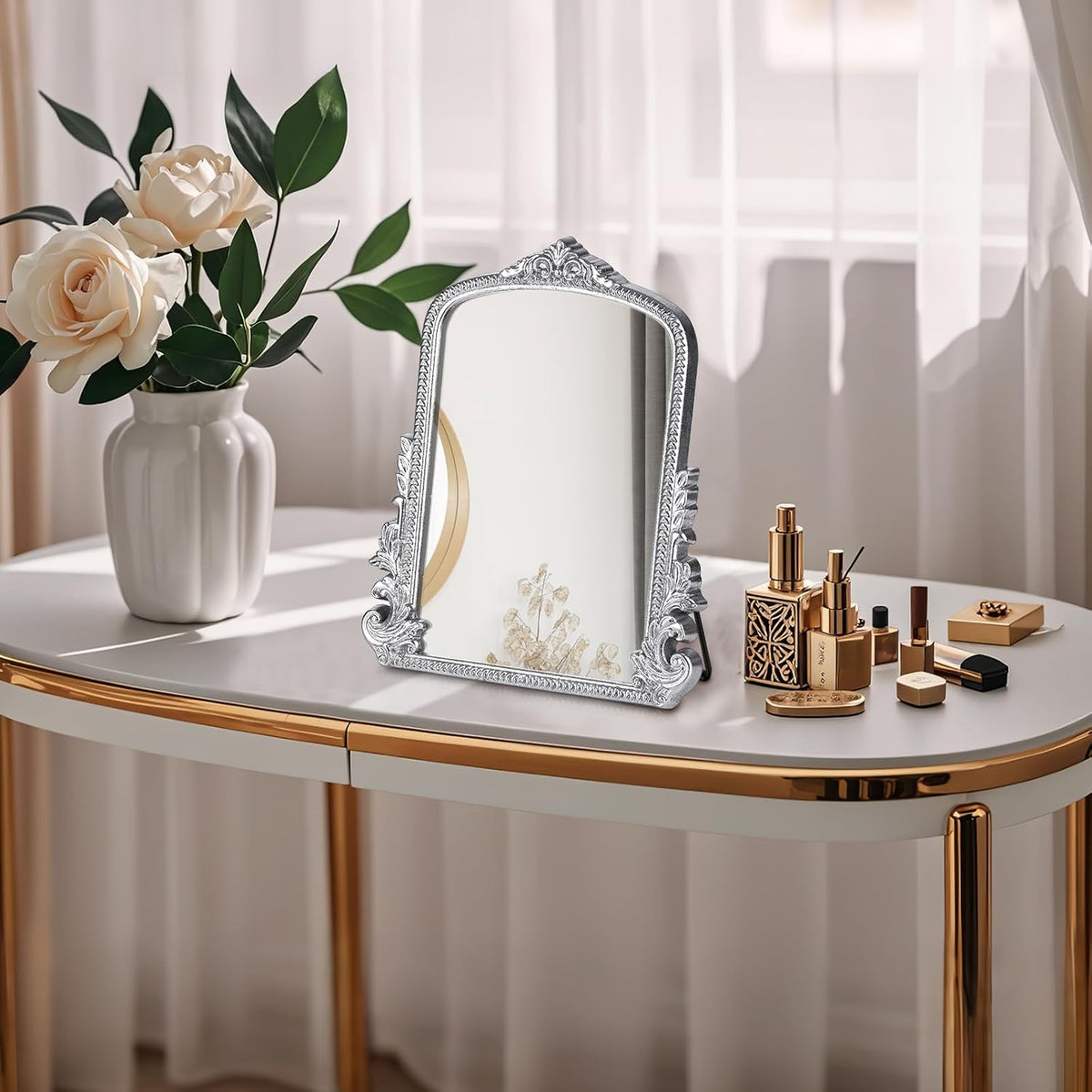 Vintage Makeup Mirror, 12"x 9.8" Silver Vanity Desk Antique Tabletop Mirror