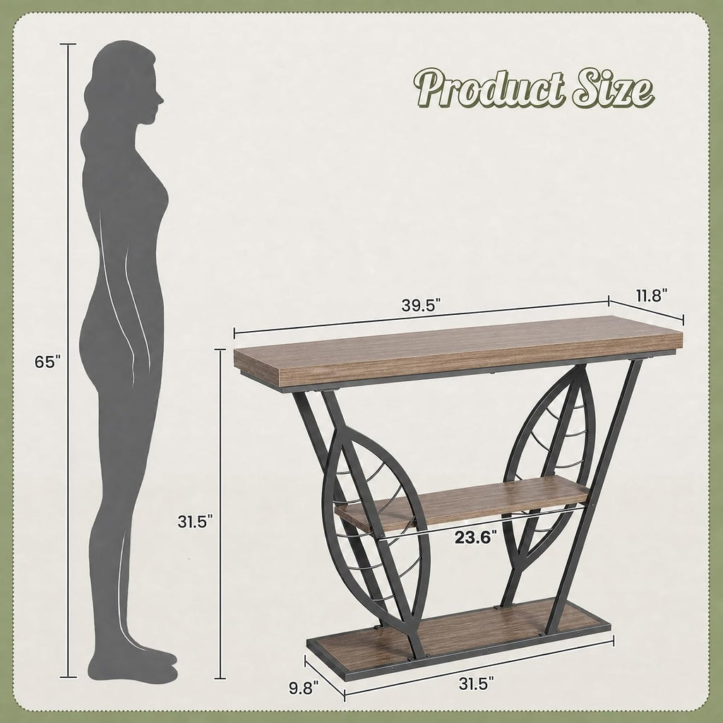 HavenlyYouth Leaf Design Console Table for Entryway, 3-Tier Storage, 30mm Thick Industrial Metal Frame, Easy-to-Assemble Narrow Accent Table, Space-Saving for Hallway, Entrance, Foyer.Gray