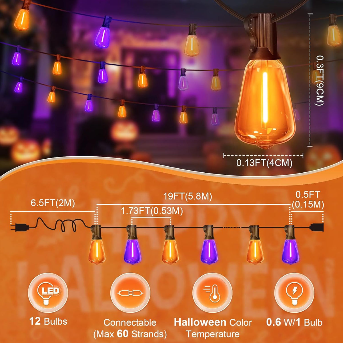 Orange purple Outdoor halloween String Lights ,26FT ST38 LED Patio Lights with 12+1 Shatterproof Edison Bulbs,UL Waterproof Connectable Outside Hanging Lights for Backyard Porch Christmas Party Decor