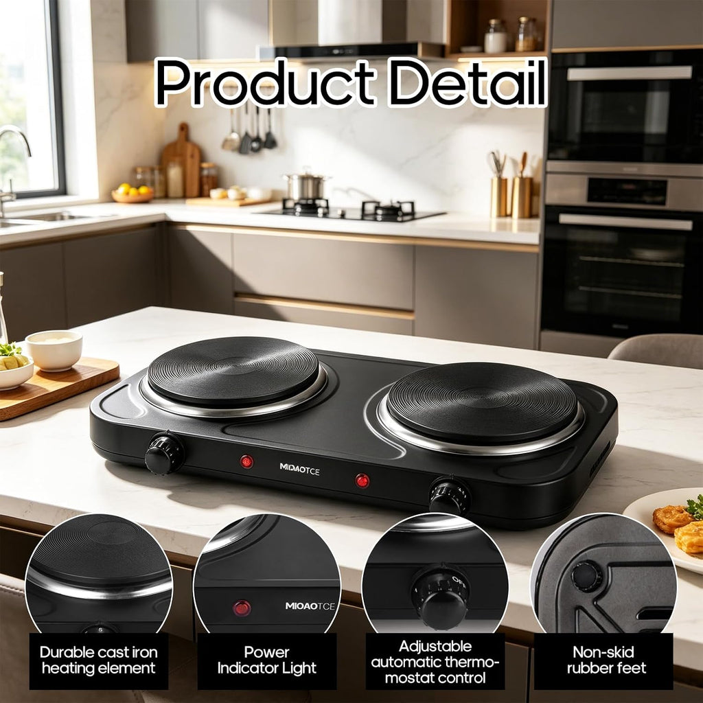 Countertop Double Cast Iron Burner 1800 Watts Electric Hot Plate with Adjustable Temperature 6.1" Cooktop for Dorm, Office, Home, Camp, Compatible for All Cookwares