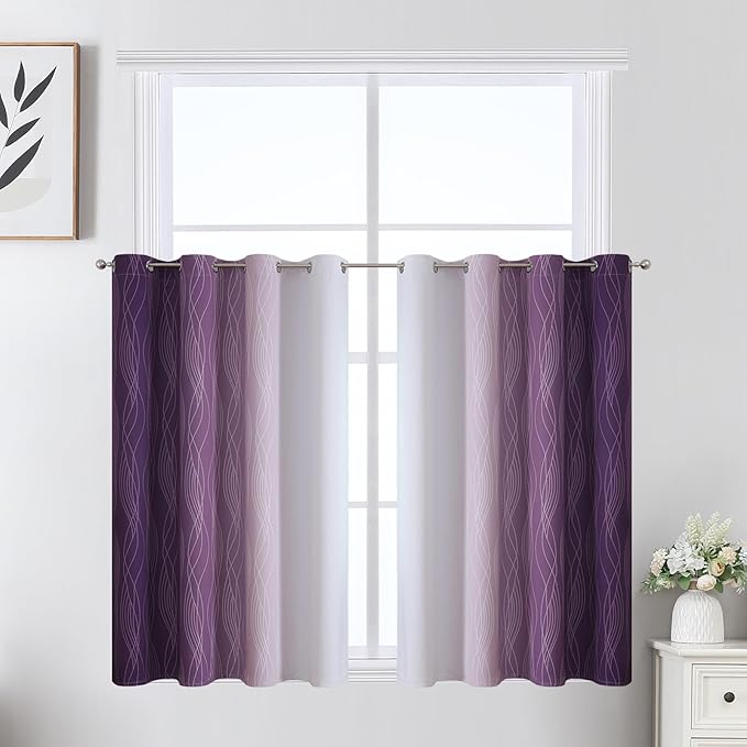 Estelar Textiler Purple and Greyish White Ombre Short Blackout Kitchen Curtains by ESTELARTEXTILER