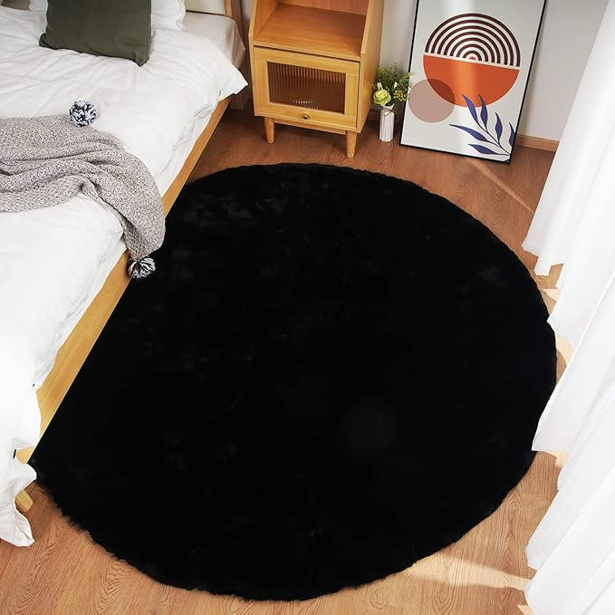Ghouse Faux Rabbit Fur Round Rug 6ft Black Round Rugs by Ghouse