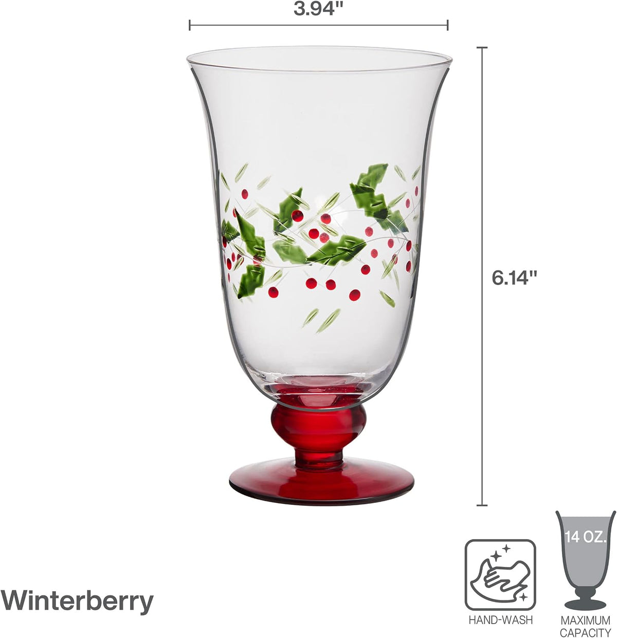 Pfaltzgraff Winterberry 4-Piece Hand-Painted Glass Water Goblets 14 oz